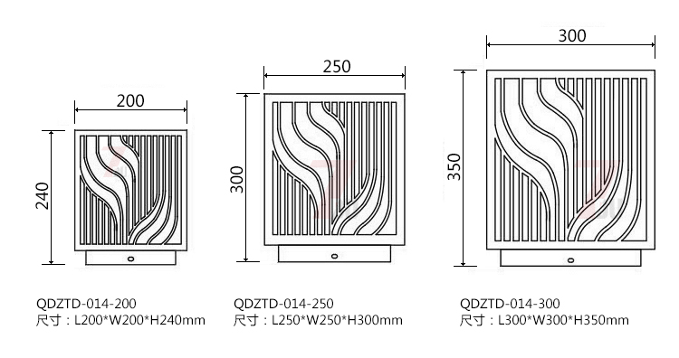 (QDZTD-014)古铜拉丝割花方形矮柱柱头灯200mm、250mm、300mm尺寸示意图